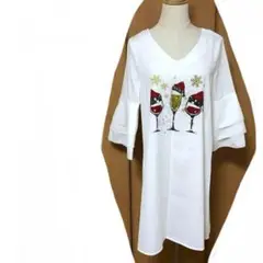 ロングシャツワンピース　プルオーバー　ティアードスリーブ　デザインプリントワンピ