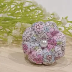 フラワーピンクッション 針山 ハンドメイド 花柄×チェック柄（紫）