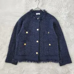 極美品✨IENA ツイードニットジャケット ノーカラー 金ボタン　ネイビー