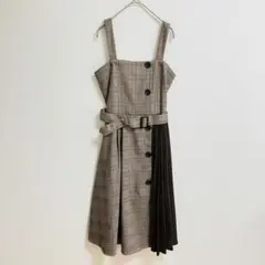 【美品】グレンチェック柄 ワンピース プリーツ ドッキング 大人女子