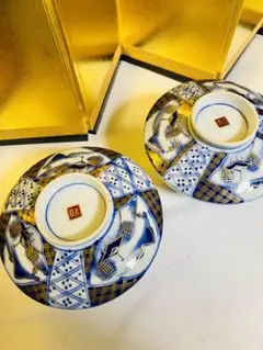 骨董品　古伊万里　月弓　金彩染錦窓絵　青海波紋　蓋付鉢　丼茶碗　有田焼　明治期 骨董品 古伊万里 月弓 金彩染錦窓絵 青海波紋 蓋付鉢 丼茶碗