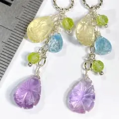 カービング＊美しいアメジストとレモンクォーツのチャームb87