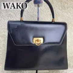 美品✨ワコウ ゴールド金具 金プレート ロゴ刻印 ハンドバッグ レザー ブラック