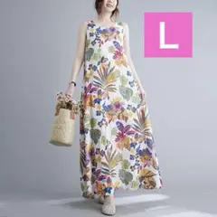 ノースリーブ ボタニカル柄ワンピース L ロング マキシ 涼しい 花柄