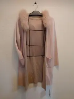 フォックスファー付きフードニットロングカーディガン