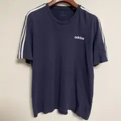 adidas アディダス ネイビー 3本ラインTシャツ ストライプ XL