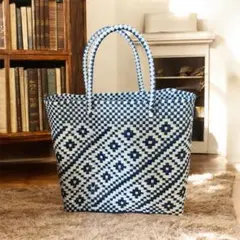 新品　メキシコ　オアハカ製　青×白　メルカドバッグ