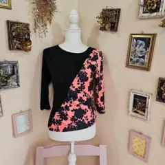 ダンス用黒とピンクの花柄五分袖Tシャツ