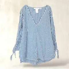 【H＆M】爽やか七分袖ブラウス　チュニック丈【40／L】ストライプ柄　袖リボン