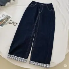 【新品】大きいサイズデニムパンツゆったり4Lチェック柄ラージ体型カバー