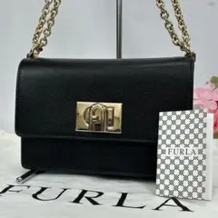 【極美品】フルラ アーチロゴ ポシェット ショルダーバッグ レザー チェーン 黒