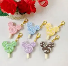 ミニチュア，フェイクスイーツカラフル，棒付きキャンディチャーム(6点)