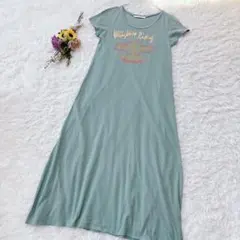 レイカズン【M】半袖ワンピース　プリント刺繍　マキシ　綿100　ミントグリーン