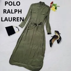 美品★ポロラルフローレン ロング丈ワンピース 大きいサイズ リボン カーキ L