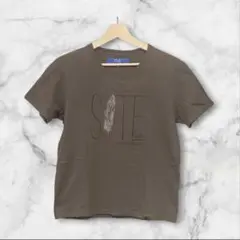 【Grf,】VネックTシャツ（Ｍ) ブラウン色　モチーフ(羽)+テキストプリント