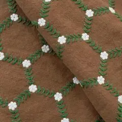 s15-b▼140×50cm▼コットンリネン刺繍生地▼花柄　高級感　ブラウン