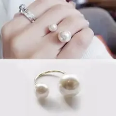 ダブル　パール　リング 指輪　可愛い　上品　お洒落　ゴールド