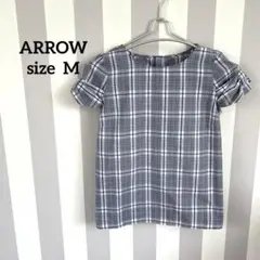 美品★ARROW グレー系チェック 袖リボンブラウス M 上品