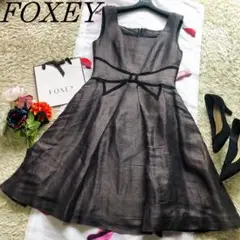【良品】FOXEY リボンフレアワンピース ノースリーブ グログランリボン 40