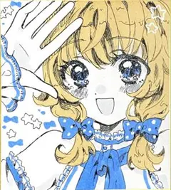 オリジナル手描きイラスト　青りぼん　コピック　ミニ色紙　アナログ
