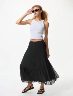 UNIQLO シフォンティアードスカート M ブラック　ユニクロ　丈標準
