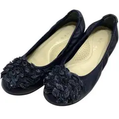 【美品】リーガル (22) パンプス フラット フラワー ギャザー 本革 レザー