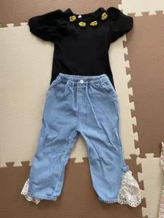 バースデイ　半袖パフＴシャツ　レース付きデニム　女の子２枚セット