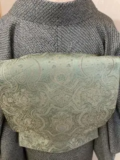 袋帯 オリエンタル唐花模様 美品正絹 グリーン 緑