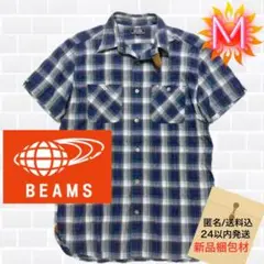 BEAMS 半袖 シワ加工 本革レザー タータンチェックワークシャツ