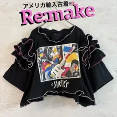 古着リメイク バンド カラフル 黒 フリル Tシャツ