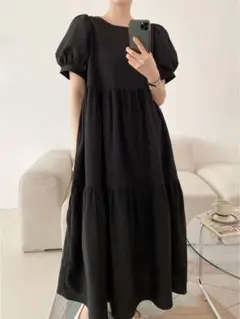 【新品未使用】ボリューム袖　ロングワンピース　Ａライン　半袖 パフスリーブ
