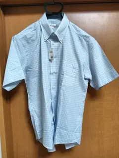 未使用水色チェック ボタンダウン 半袖シャツ