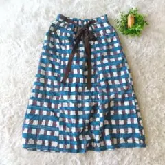 ジャンニロジュディチェ 青と茶色のチェック柄ミモレ丈スカート　可愛い　シンプル