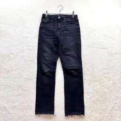 【ザラ デニム】36 黒 デニムパンツ 裾カットオフ ストレッチ カジュアル