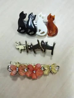 猫と花のデザインヘアクリップセット