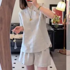 2点 セット レトロデザイン シンプル ブラウス ショートパンツ カジュアル