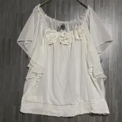 aggie オフショルダー 立体フラワー シアーチュニック　白　L