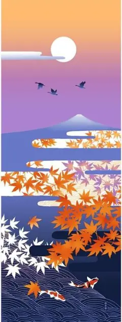 濱文様 絵手ぬぐい 夕暮れ月 紅葉 秋 手拭い てぬぐい タペストリー
