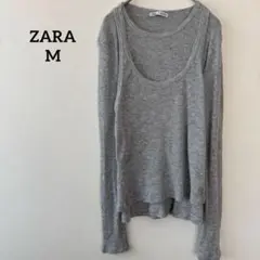 ザラ リブカットソー レイヤード風 長袖 グレー M