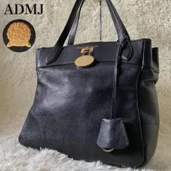 美品✨ADMJ ハンドバッグ 金具 鍵 王冠 シボ革 シュリンクレザー ブラック