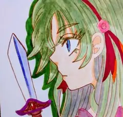 ★原画　アナログイラスト色紙（7.5×7.5センチ） 戦う少女