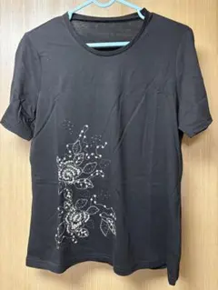 黒 花柄刺繍 半袖Tシャツ L