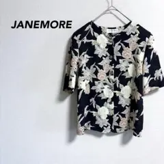 JANEMORE 花柄 ノーカラーシャツ 黒系 肩パッド 薄手 春夏 レディース