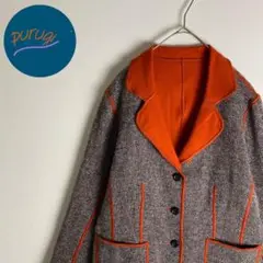 【テーラードジャケット バイカラー グレー オレンジ レトロ感 古着】