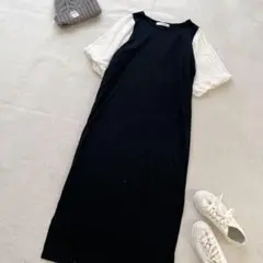 ロングワンピース　パフスリーブ　半袖　　シア　黒　ブラック　体型カバー