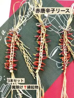 本日限定❣️小粒赤唐辛子リース❣️魔除け・厄除け❣️貴重な稲穂付き ❣️3本セット