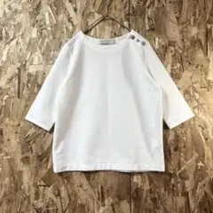 【ビューティ&ユース】ビジュー付き五分袖カットソー ホワイト トップス
