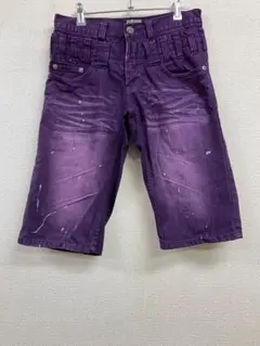 ナイラスNylausダブルウエスト ヒゲ ・ペイントパープルデニムハーフパンツ