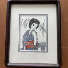 竹下夢二　刺繍　女性の肖像画 木製フレーム