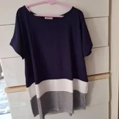 ネイビー/ホワイト ストライプ 半袖Tシャツ L